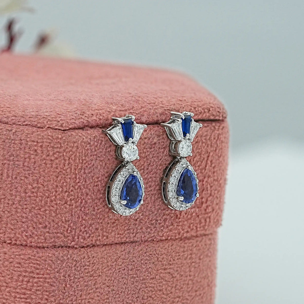 Pear Blue Gemstone And Tapered Baguette Halo Drop Earrings Earrings