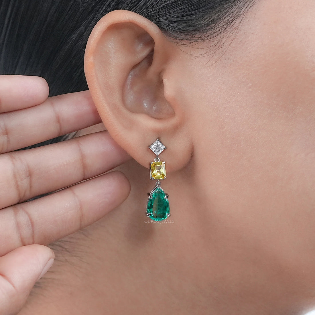 Green Pear And Yellow Radiant Diamond Drop Earrings Earrings