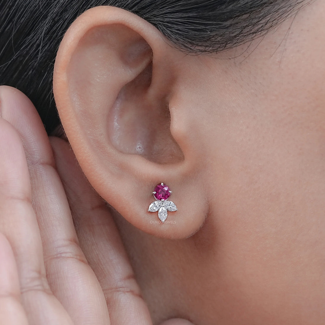 Ruby Round And Marquise Lab Diamond Stud Earrings Earrings