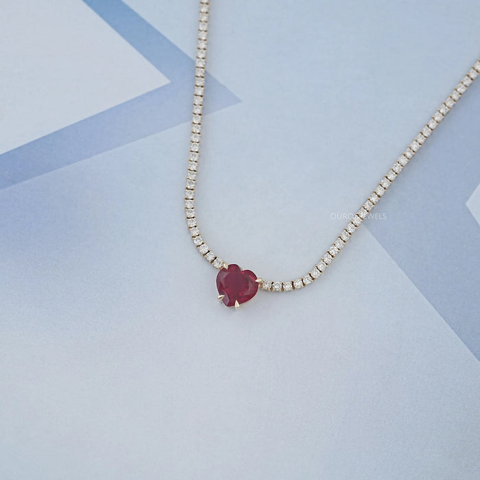 Ruby Heart And Round Diamond Tennis Necklace Necklaces