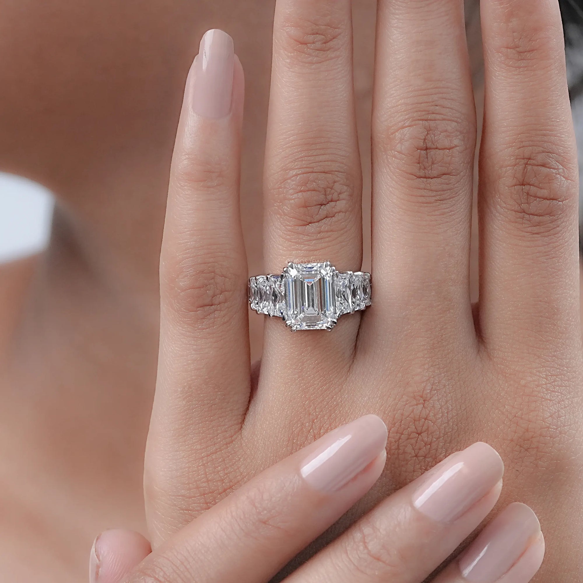 Emerald Diamond French Cut Trapezoid Accent Engagement Ring Rings