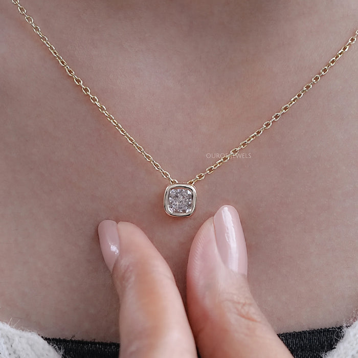 Square Cushion Diamond Bezel Set Solitaire Pendant Necklaces
