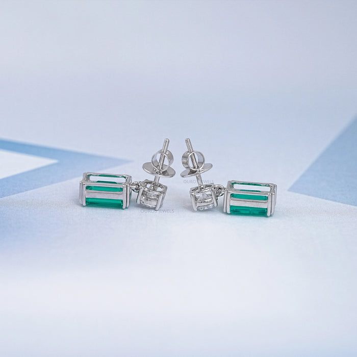 Two Stone Green Emerald And Round Diamond Drop Earrings
