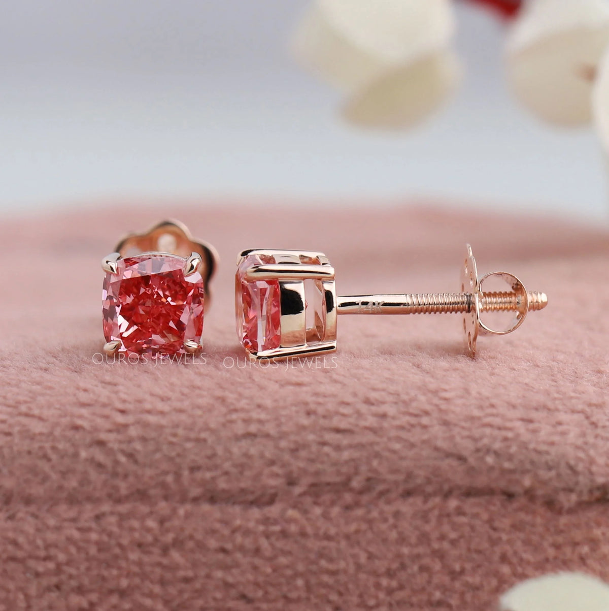 Pink Cushion Cut Lab Diamond Stud Earrings Earring