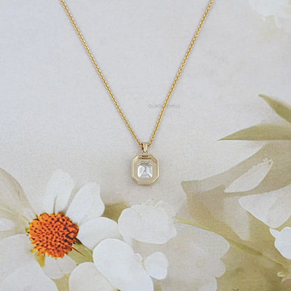 Old Mine Emerald Lab Diamond Milgrain Bezel Set Pendant Necklaces