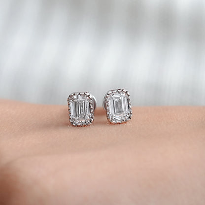Emerald Cut Lab Diamond Milgrain Set Stud Earrings Earrings