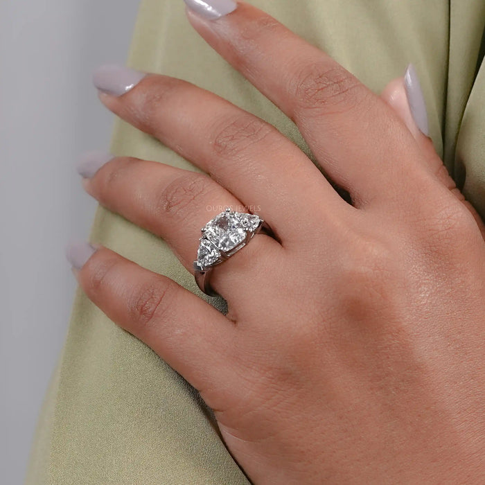 Cushion Cut Lab Diamond Three Stone Engagement Ring