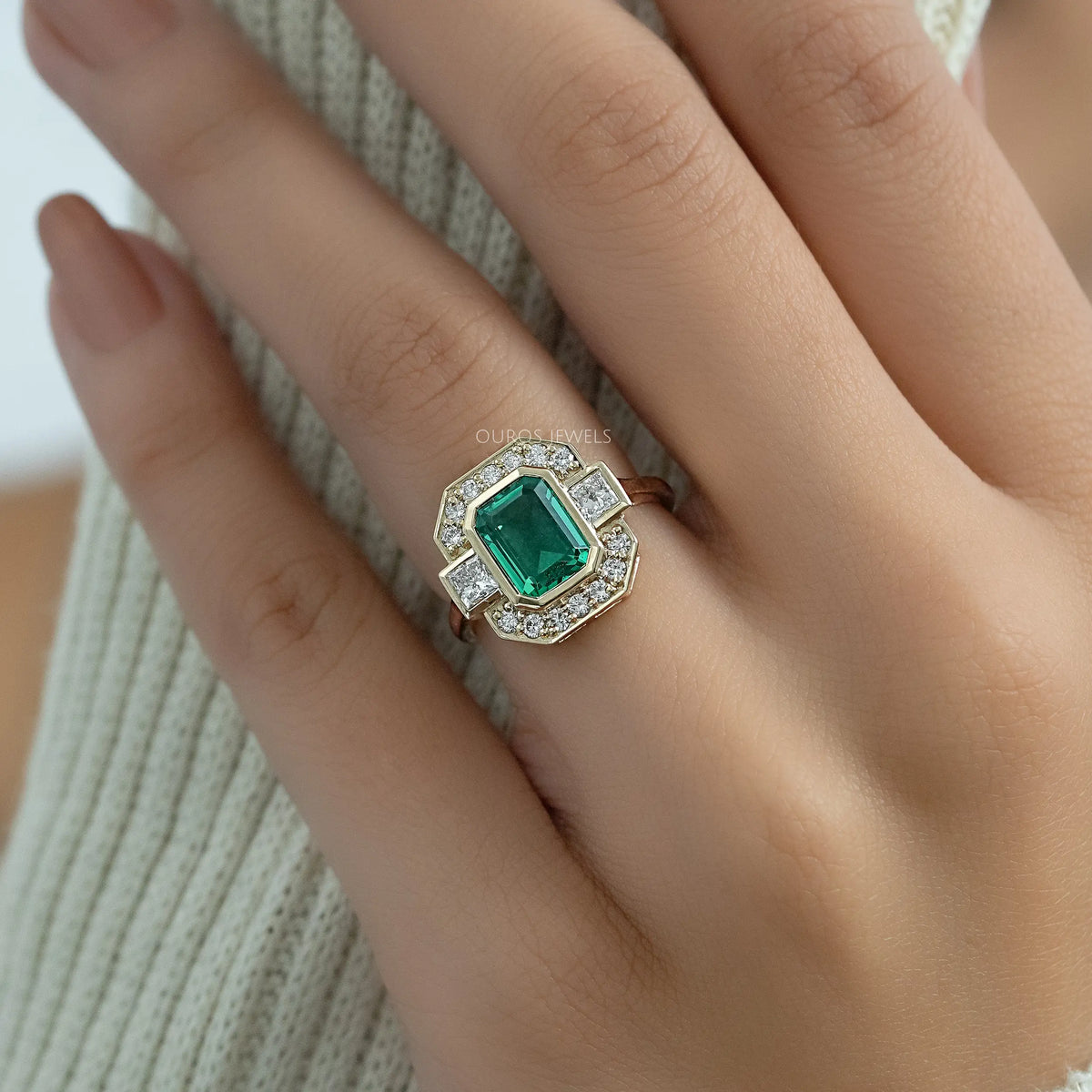 Three Stone Emerald Gemstone Halo Ring Ring