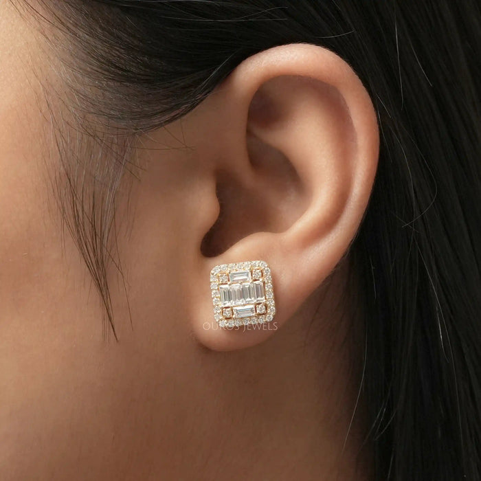Baguette And Round Cut Lab Diamond Halo Stud Earrings Earrings