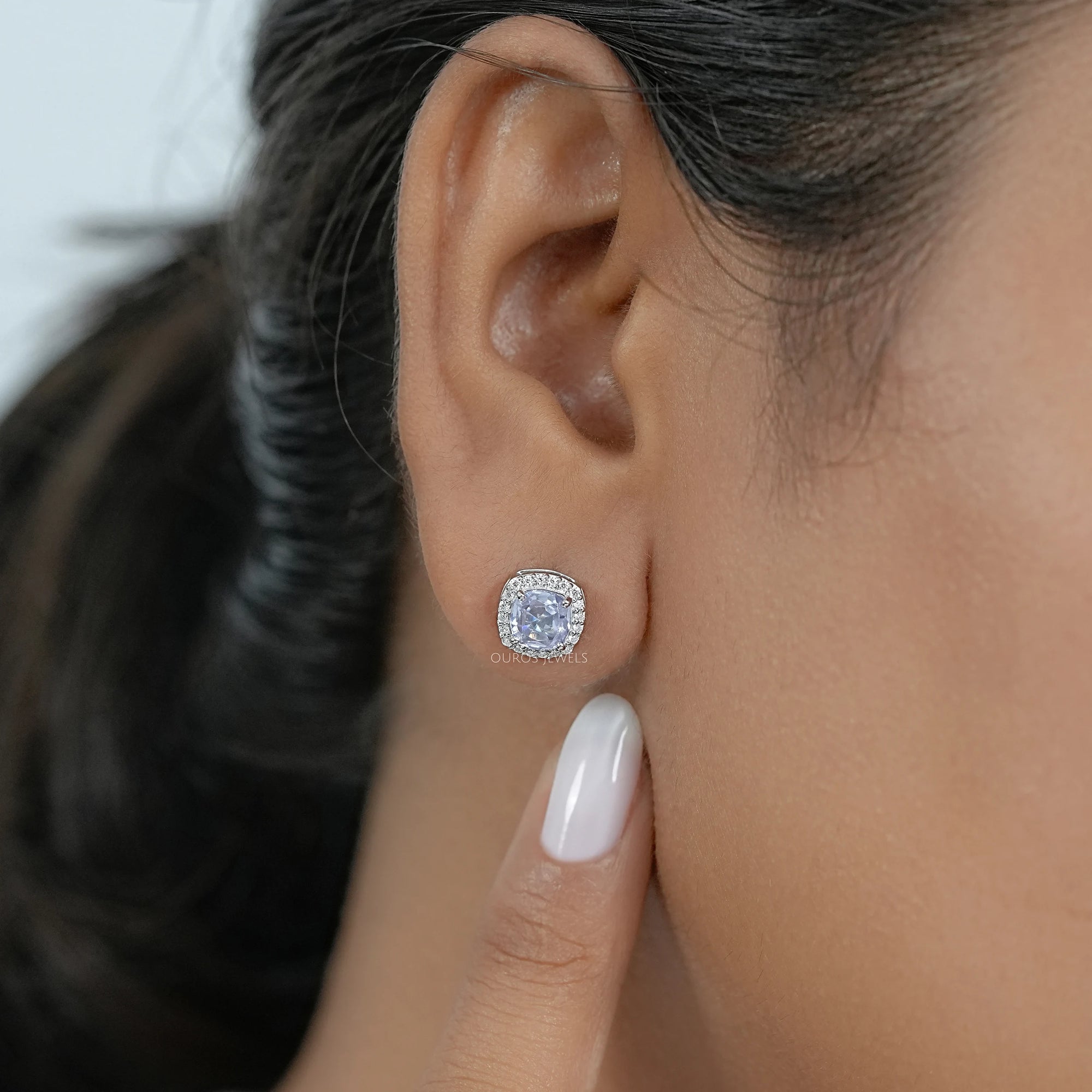 Light Purple Square Cushion Halo Stud Earrings