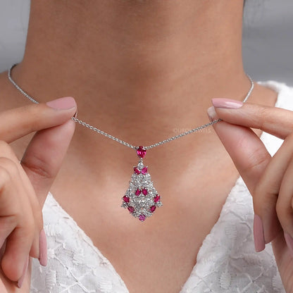 Cluster Diamond And Ruby Pendant Necklaces