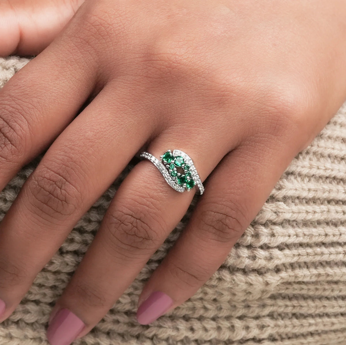 Emerald Round And Lab Diamond Bypass Ring