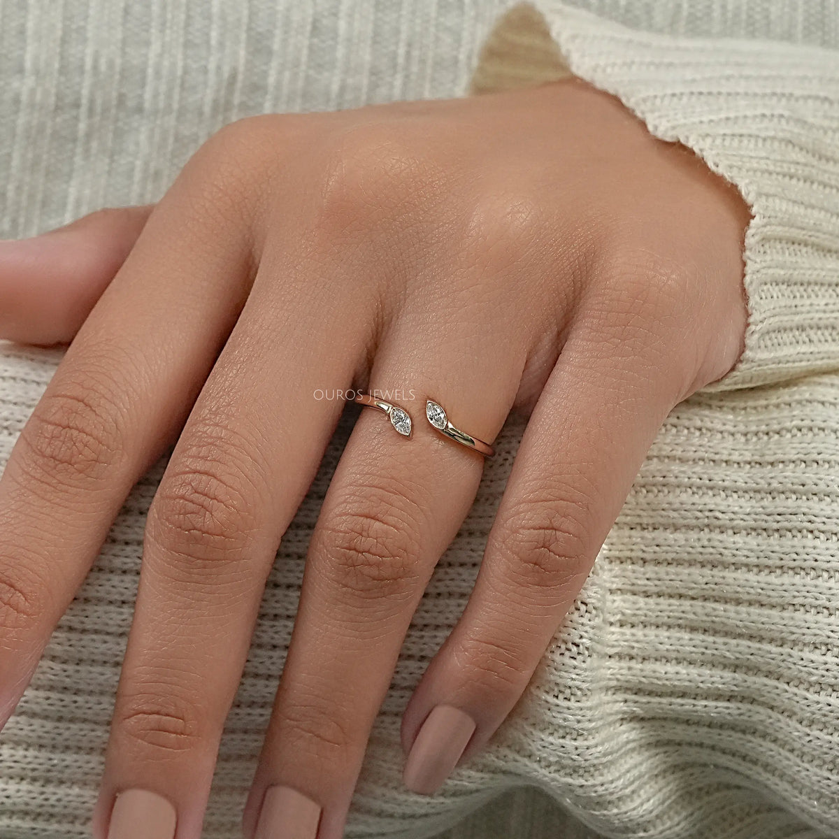 Marquise Lab Diamond Bezel Set Open Cuff Ring Ring