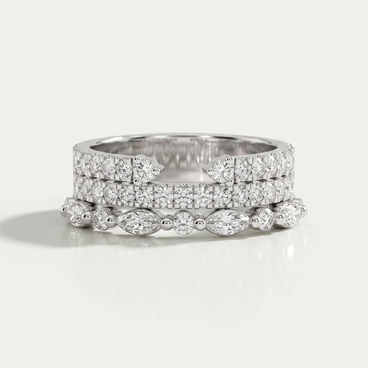 Three Row Round and Marquise Cut Half Eternity Band Rings
