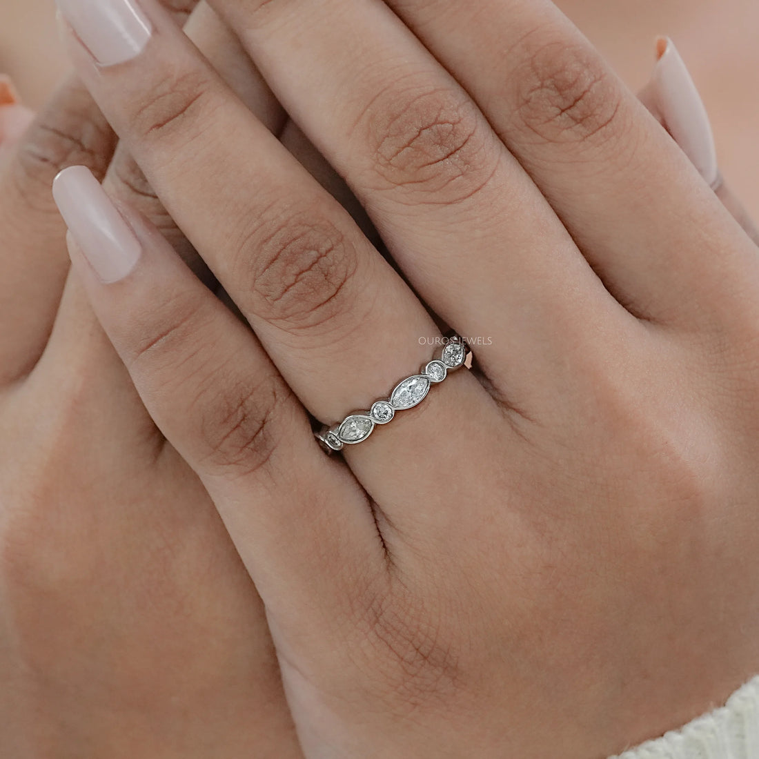 Marquise And Round Diamond Bezel Wedding Band Ring