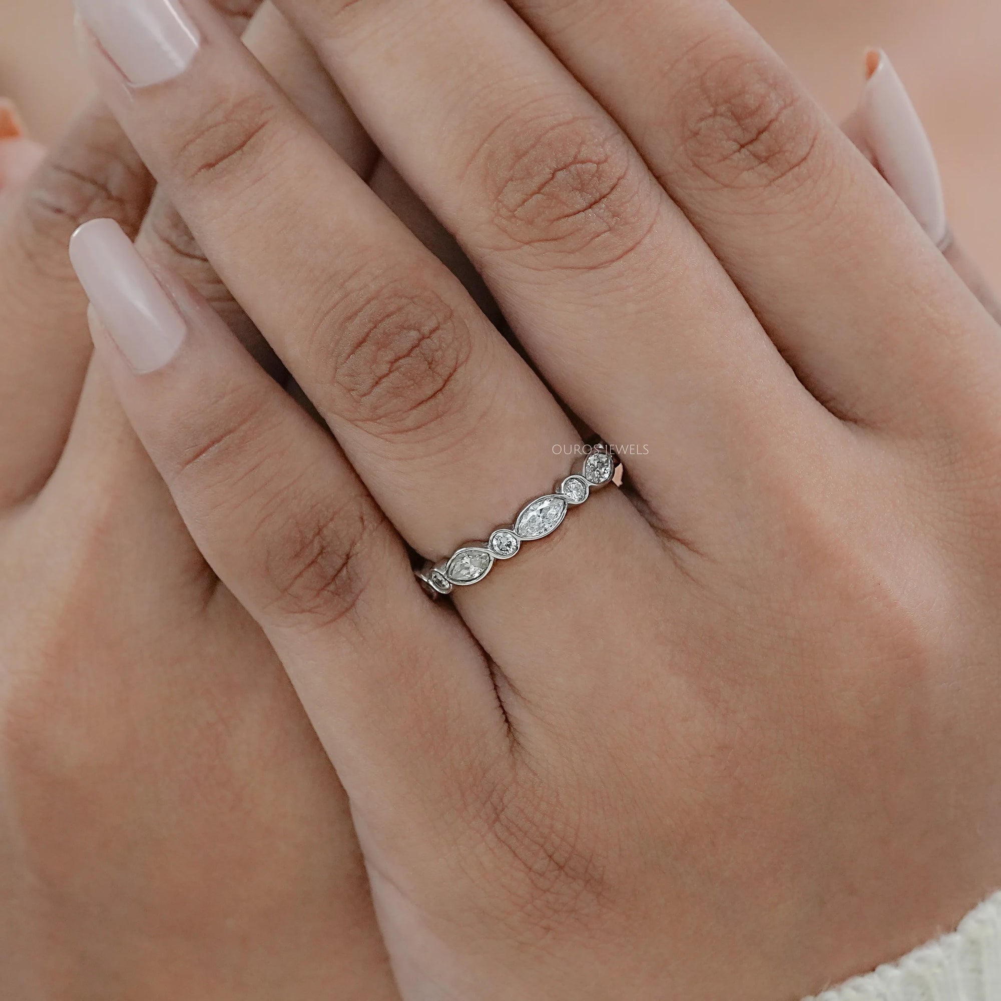 Marquise And Round Diamond Bezel Wedding Band Ring
