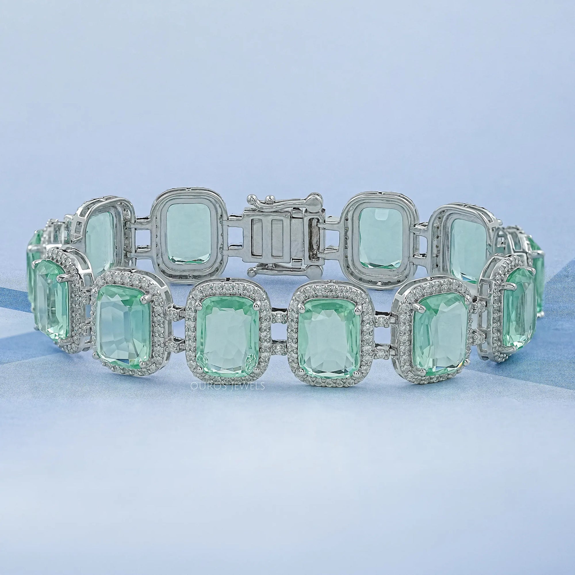 Mint Green Elongated Cushion Gemstone Halo Bracelet