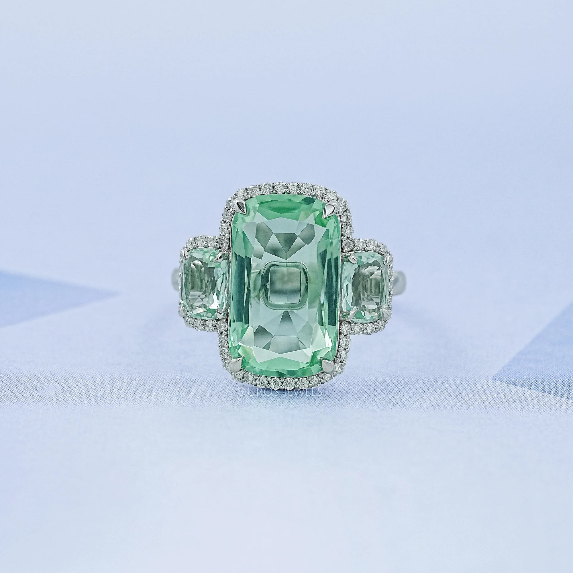 Trilogy Mint Green Cushion Gemstone Halo Ring