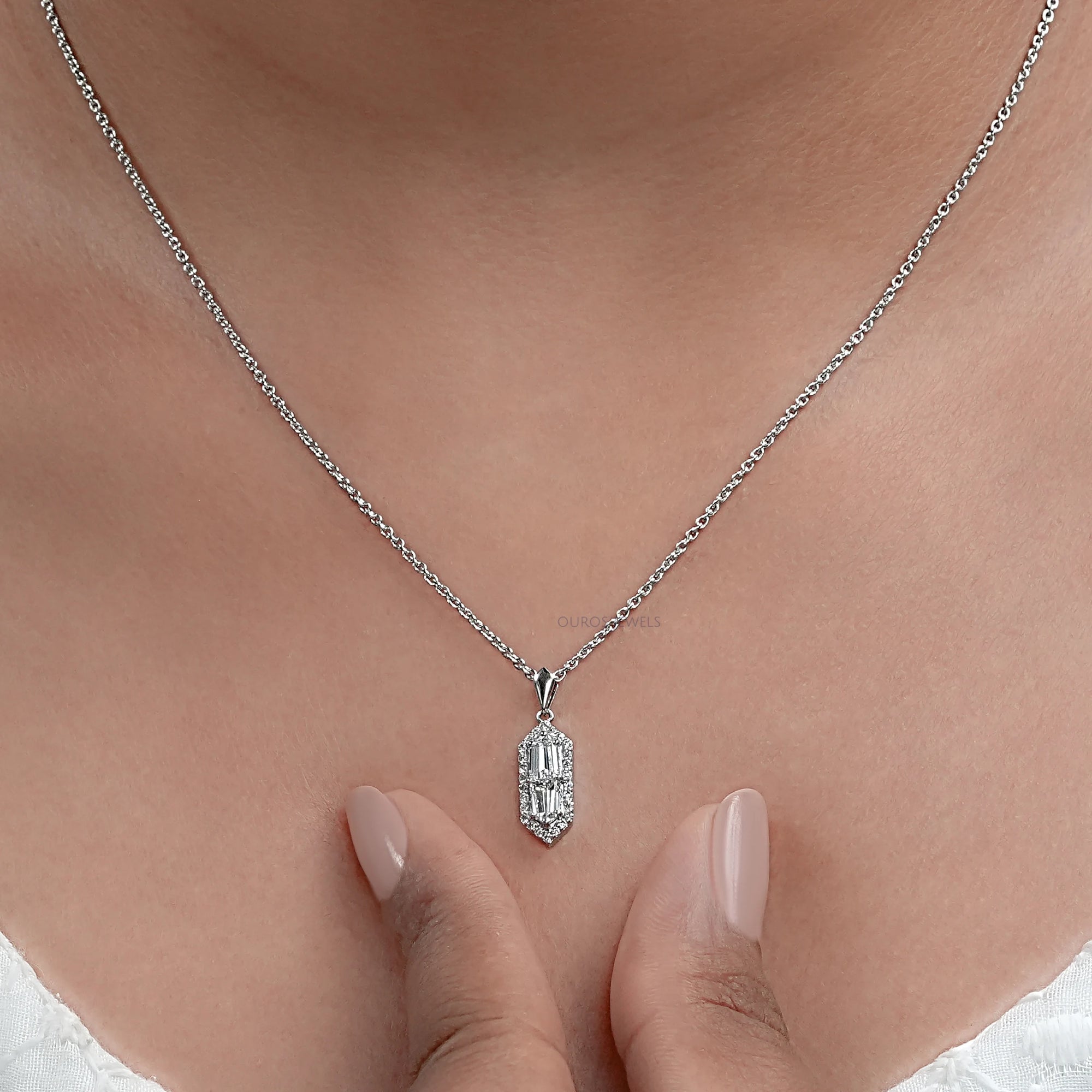 Step Cut Arrow Diamond Halo Pendant Necklaces
