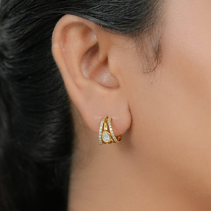 Multi Row Bezel Pear Diamond C Hoop Earrings