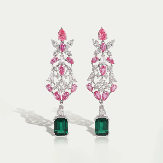 Multi Shape Lab Green Gemstone Cluster Diamond Dangle Earring