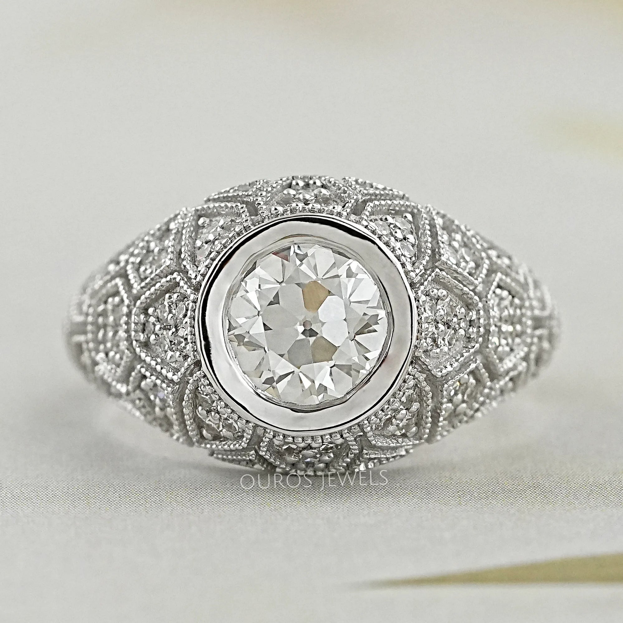Old European Round Cut With Milgrain Work Ring Ring