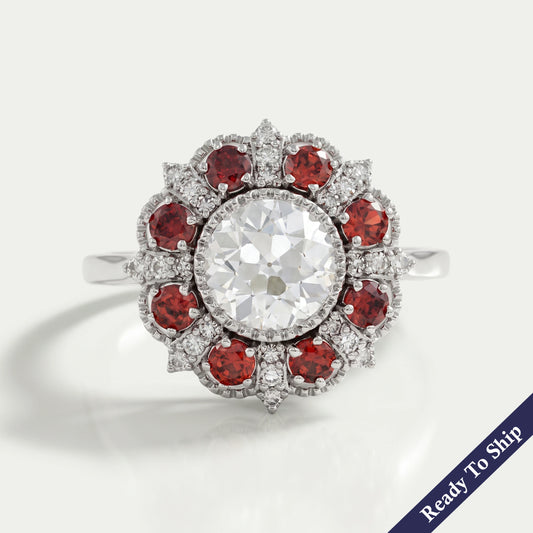 OEC Round Lab Diamond And Ruby Gemstone Halo Ring Rings
