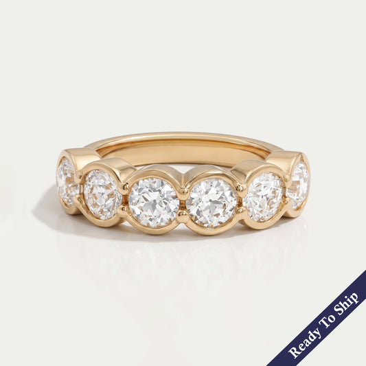 OEC Round Cut Lab Diamond Half Eternity & Half Bezel Set Band Ring