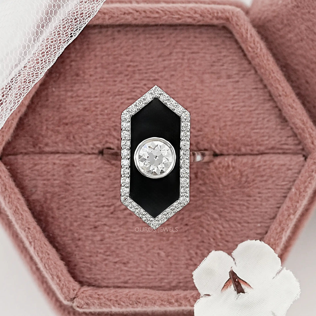 OEC Round Diamond Halo Black Enamel Ring Rings