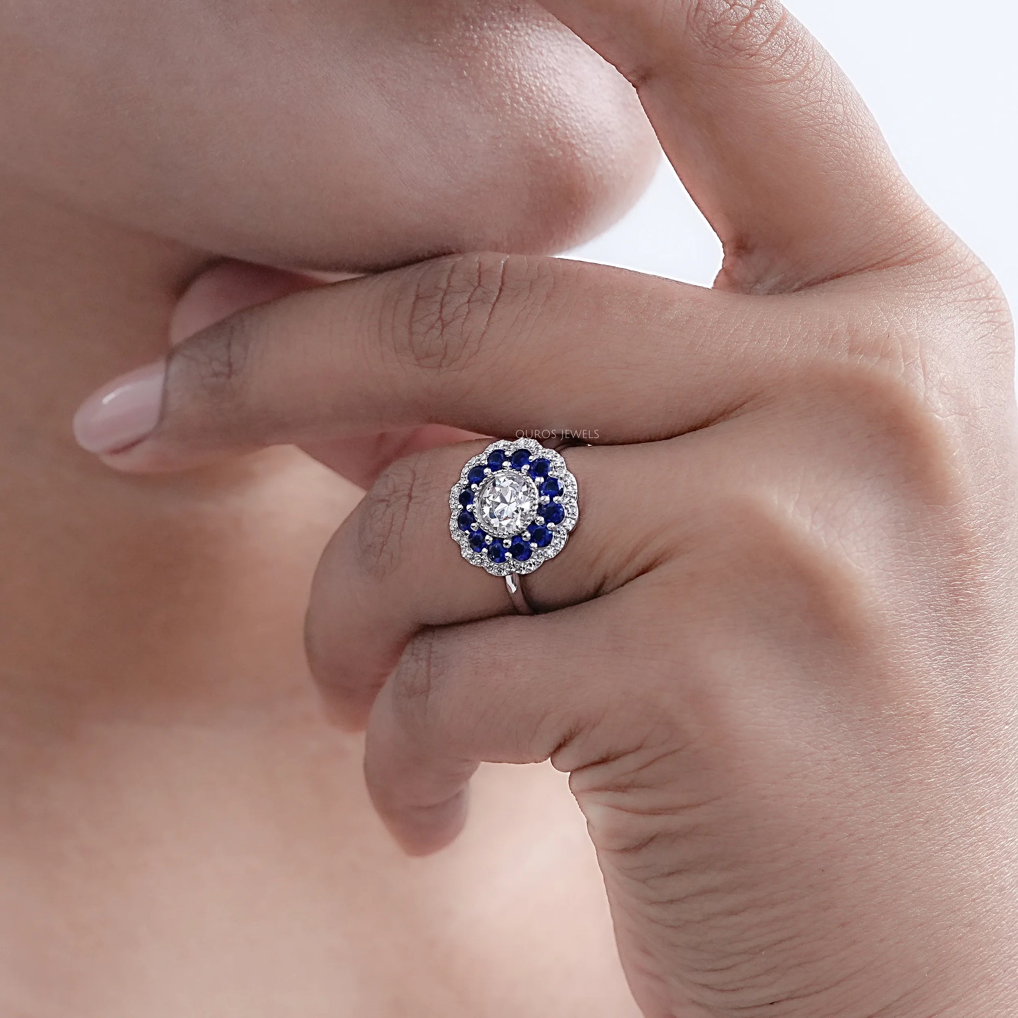 Old European Round Cut Sapphire Halo Engagement Ring Rings