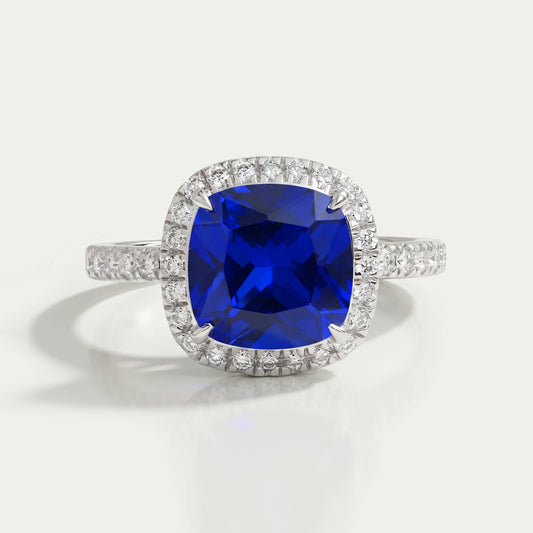 Blue Cushion Cut Halo Diamond Engagement Ring