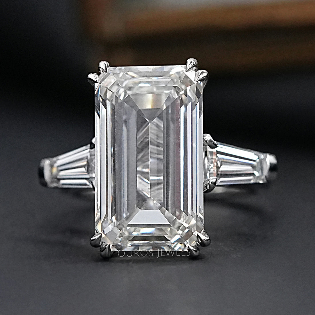 Emerald Three Stone Engagement Ring - Tapered Baguette Rings