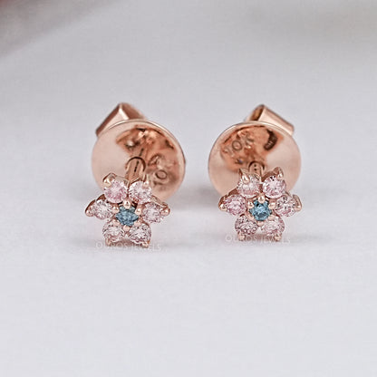 Pink & Blue Round Diamond Floral Earring Pink Earring