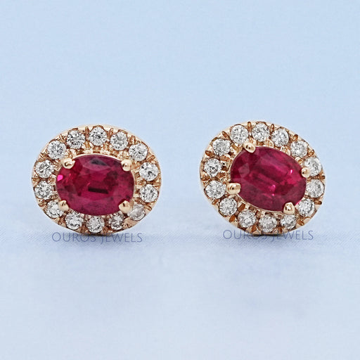 Ruby Oval Gemstone Halo Set Stud Earring Earring
