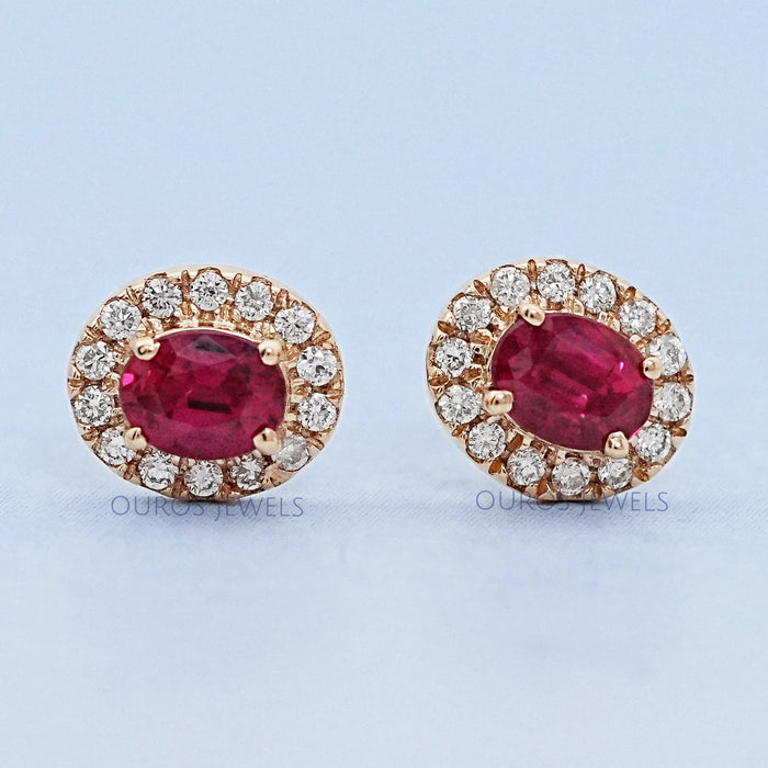 Ruby Oval Gemstone Halo Set Stud Earring Earring