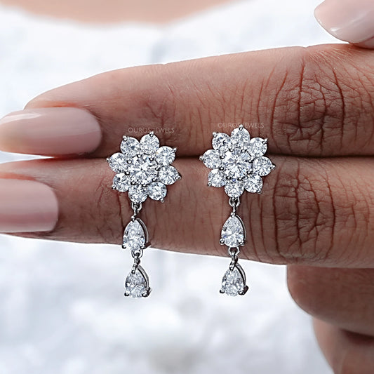 Round Diamond Halo Flower Drop Earrings Earrings