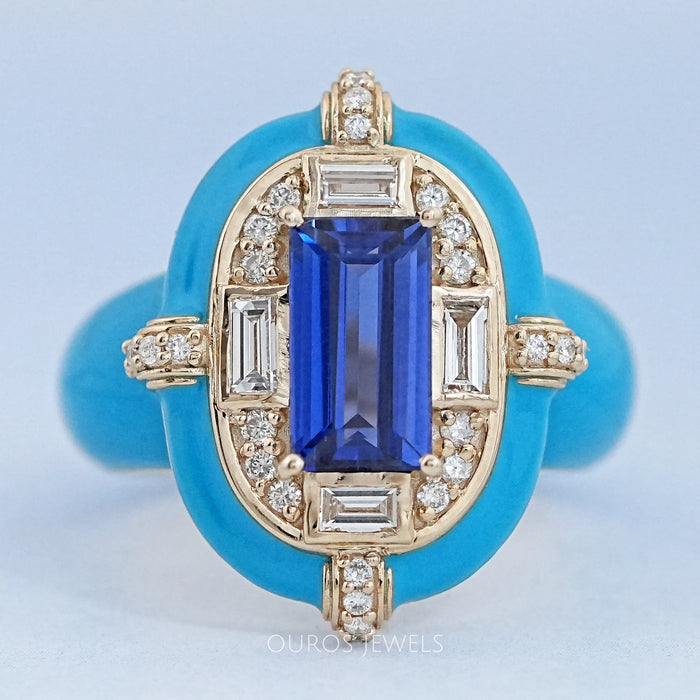 Sapphire Baguette With Enamel Cocktail Ring Blue Gemstone Rings