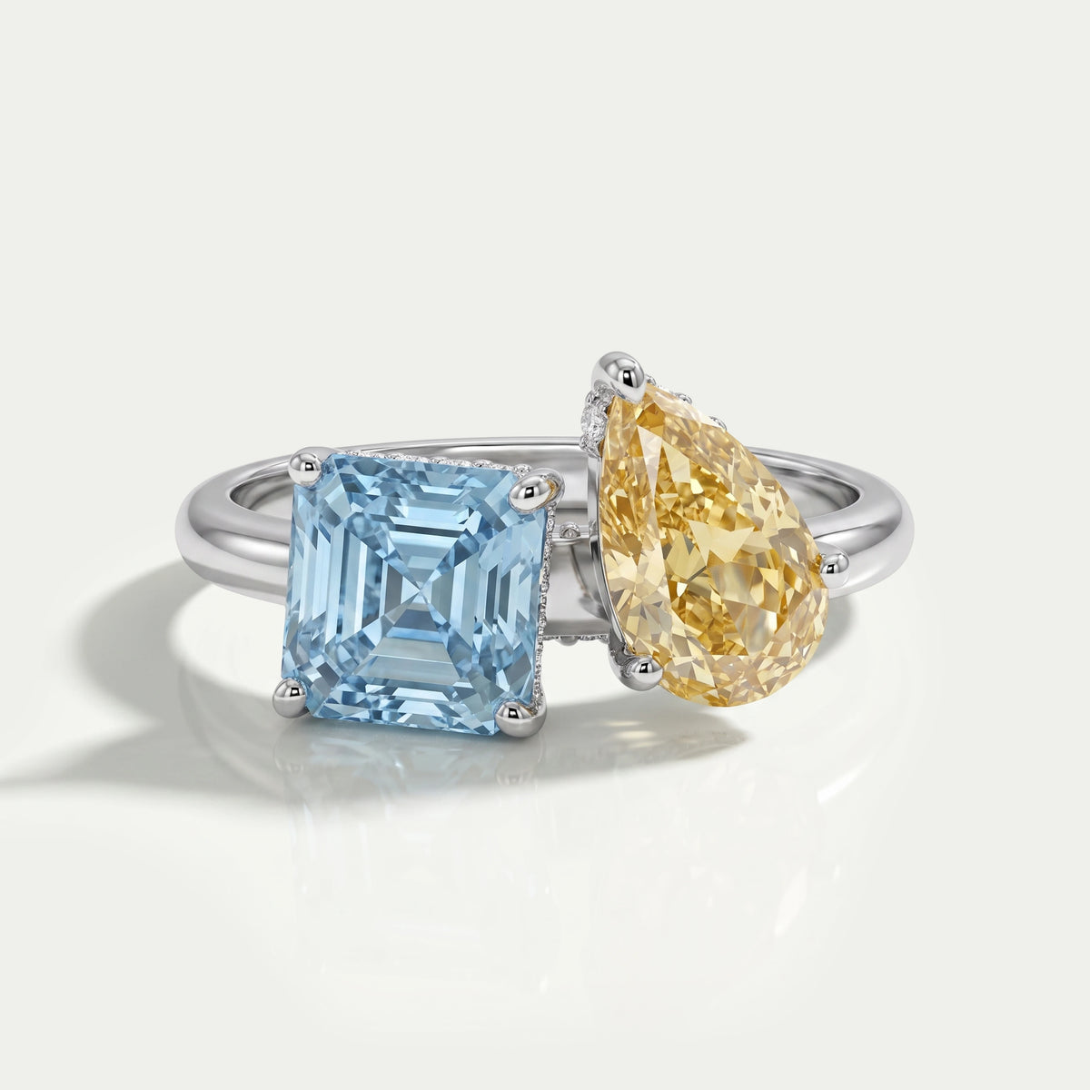 Asscher and Pear Toi Et Moi With Hidden Halo Ring Ring