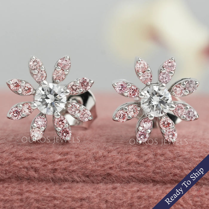Pink Round Flower Shape Lab Diamond Stud Earrings