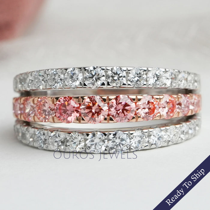 Pink Round Cut Lab Grown Diamond Triple Row Band