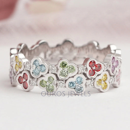 Rainbow Color Round Cut Lab Grown Diamond Wedding Band Ring
