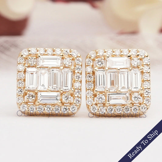 Baguette And Round Cut Lab Diamond Halo Stud Earrings Earrings