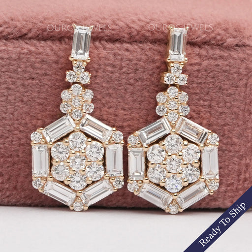 Hexagon Shape Baguette And Round Cut Screw Back Earrings
