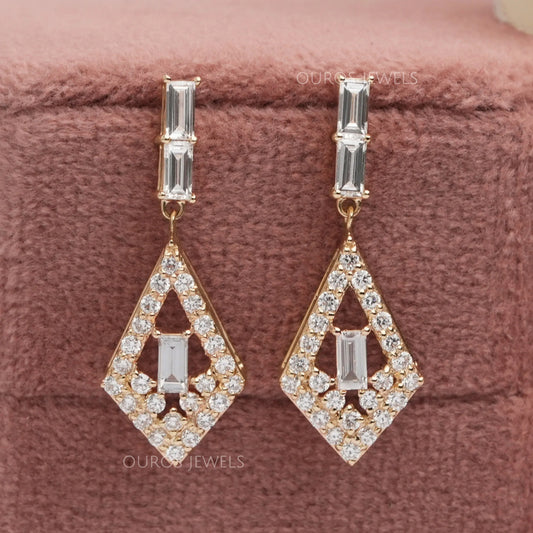 Baguette Cut & Round Halo Lab Grown Diamond Drop Earrings