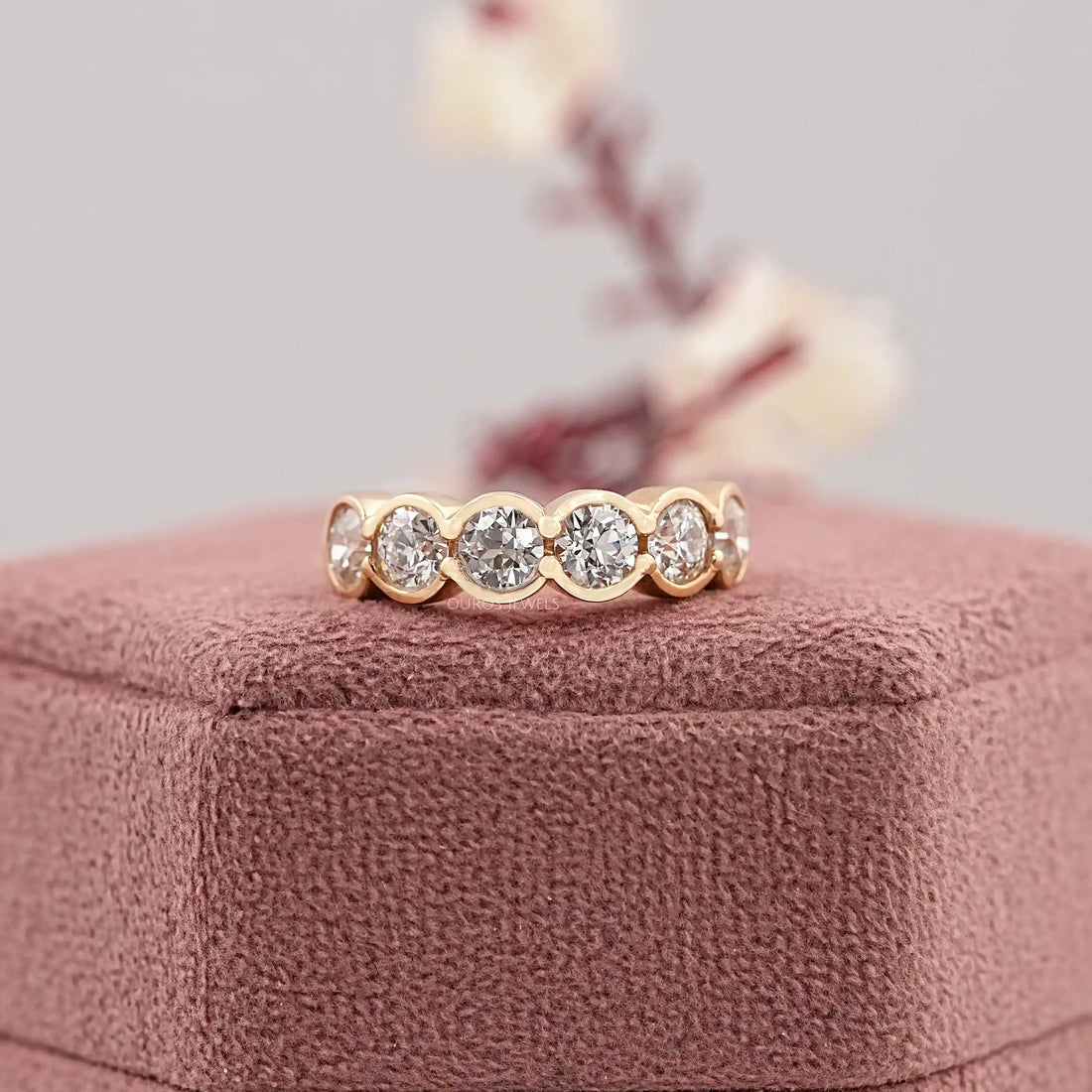 OEC Round Cut Lab Diamond Half Eternity & Half Bezel Set Band Ring