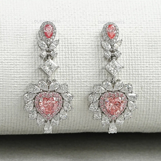 Pink Heart Cut Double Halo Drop Dangle Earrings Earrings