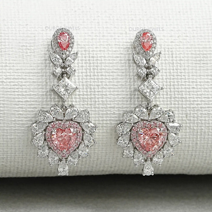 Pink Heart Cut Double Halo Drop Dangle Earrings Earrings