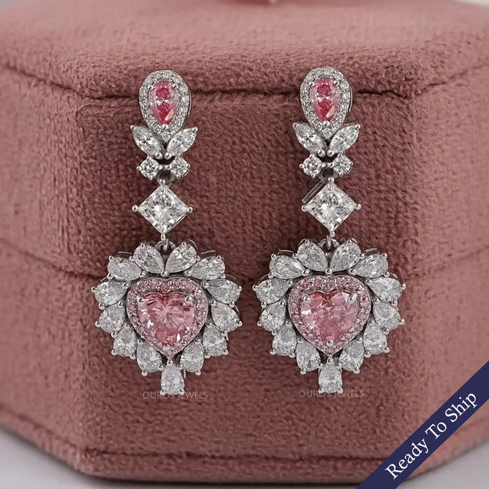 Pink Heart Lab Diamond Double Halo Drop Earrings Earrings