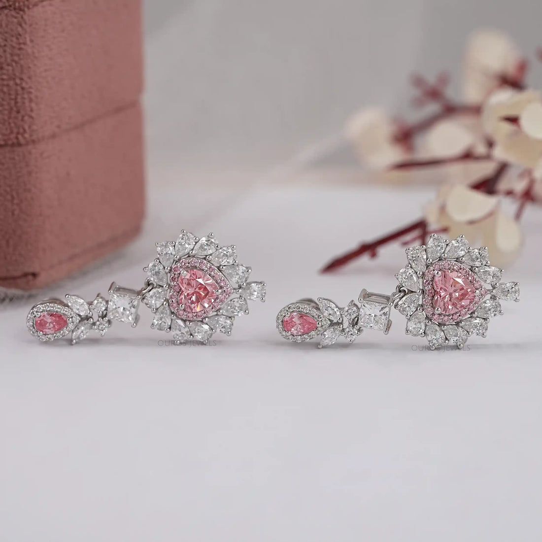 Pink Heart Lab Diamond Double Halo Drop Earrings Earrings