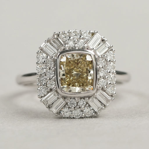 Yellow Cushion Cut Bezel Set Cluster Diamond Ring
